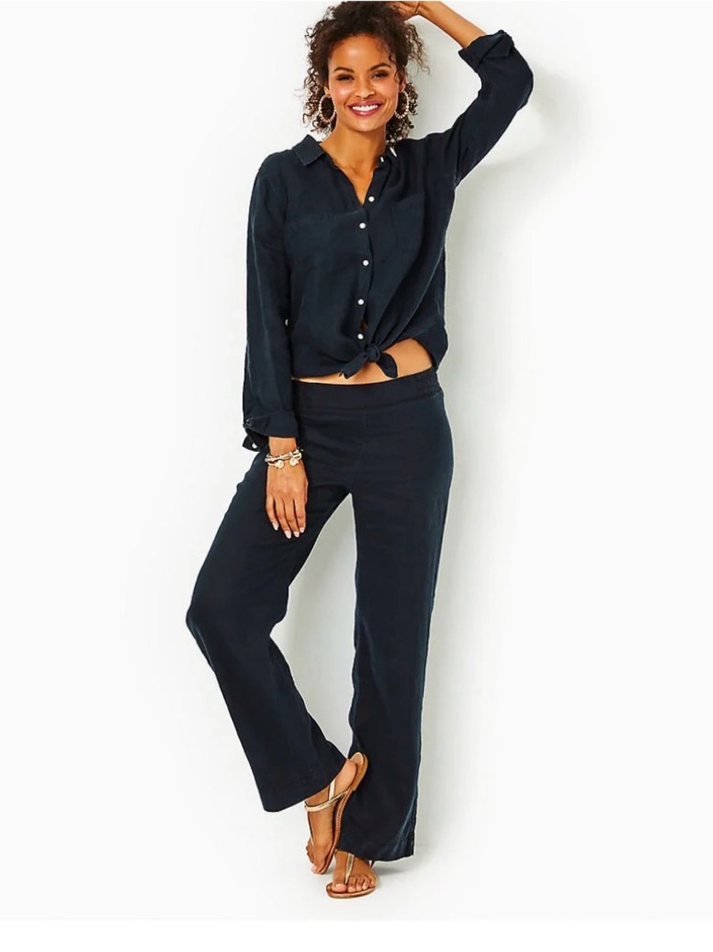 Lilly Pulitzer Deri Linen Palazzo Pant Size Large Onyx Black Pull on Casual EUC